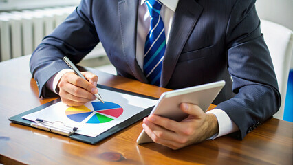 "Businessman Analyzing Pie Chart on Tablet and Taking Notes"