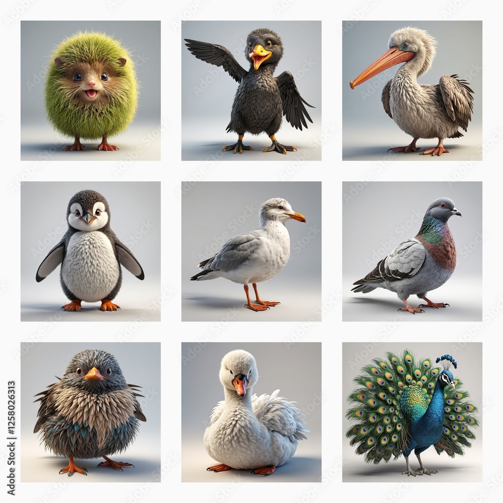 Aufkleber Charming collection of cute 3d bird models. A diverse array of avian creatures are showcased in a delightful and whimsical style.