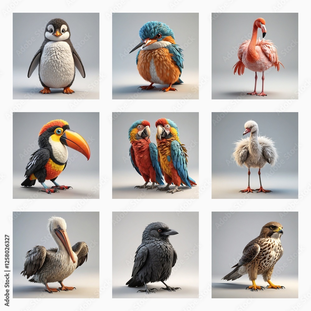 Poster Cute 3d bird models of various species are showcased against a plain background. Each bird is rendered with soft textures and vibrant colors, creating a charming collection.