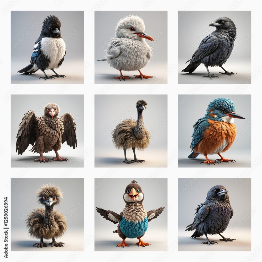 Poster Nine cute 3D bird models in a grid display. A diverse collection of avian creatures, each rendered with unique details and poses against a plain backdrop.