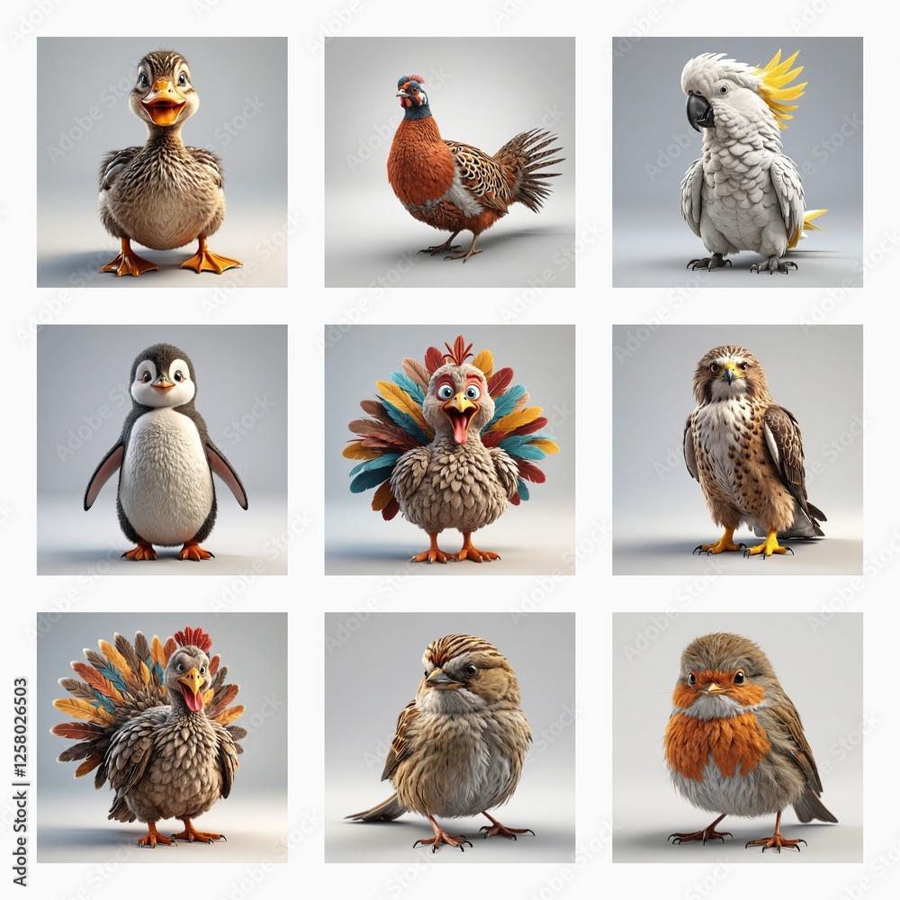 Poster nine cute 3d bird models in a grid. unique designs and poses showcase various bird species.