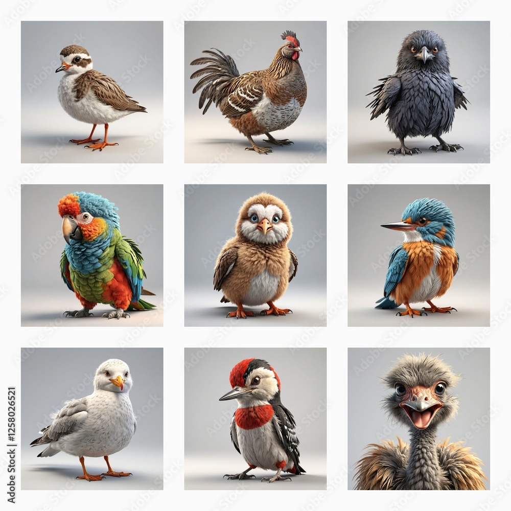 Poster Charming collection of cute 3D bird models displayed in a grid.  These delightful avian illustrations showcase various species in an adorable style.