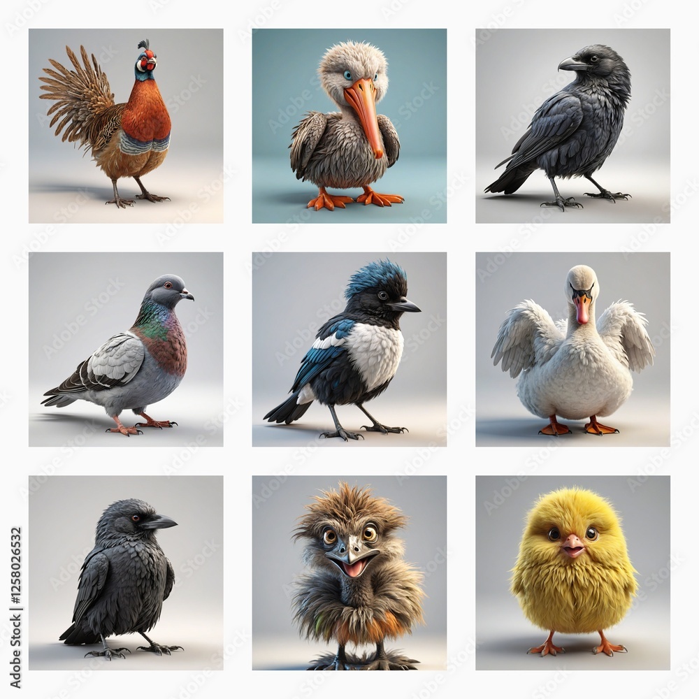 Poster cute 3d bird models showcase diverse avian species. feathered creatures, rendered in a digital style