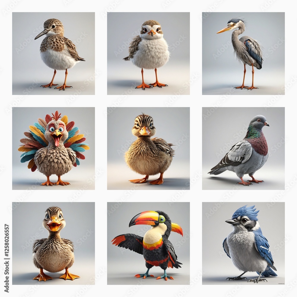 Poster cute 3d bird models are showcased in a grid. various avian species are depicted in a cartoonish styl