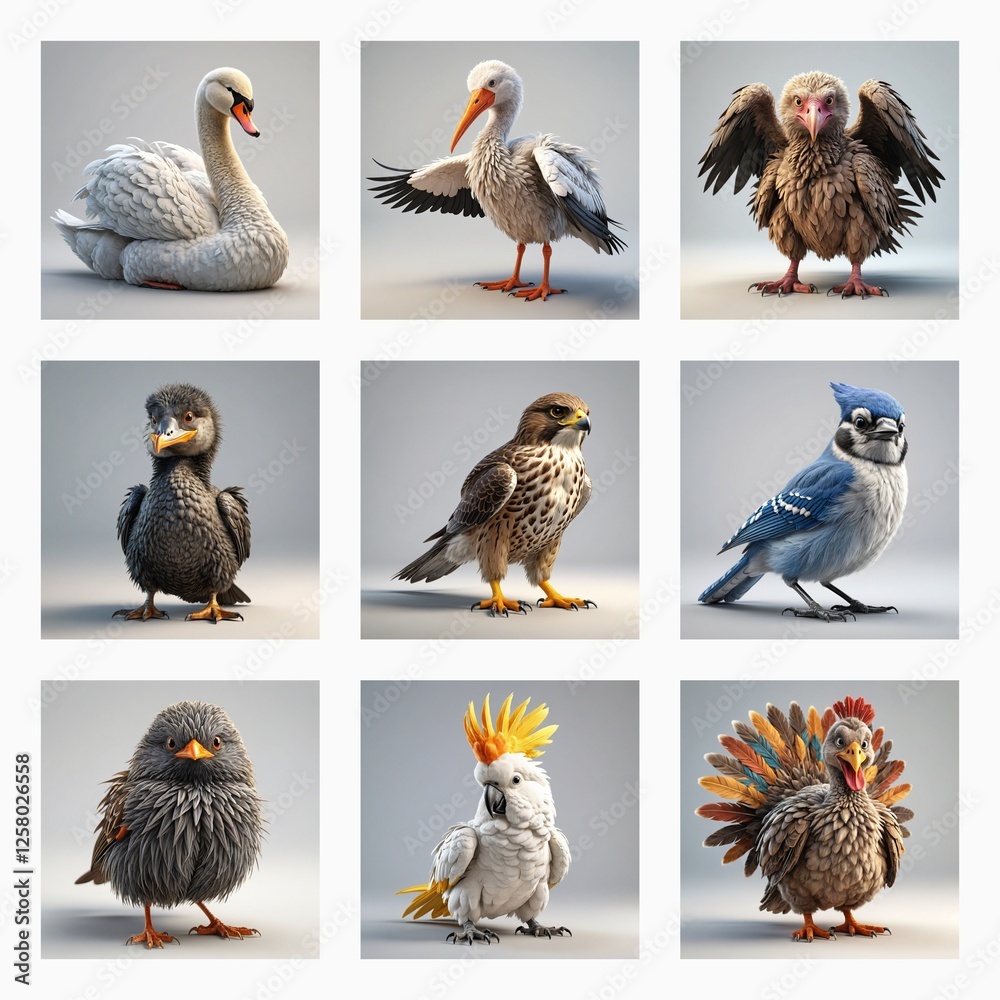 Aufkleber charming 3d bird models showcased in a grid, each uniquely posed. a cute and diverse collection of a
