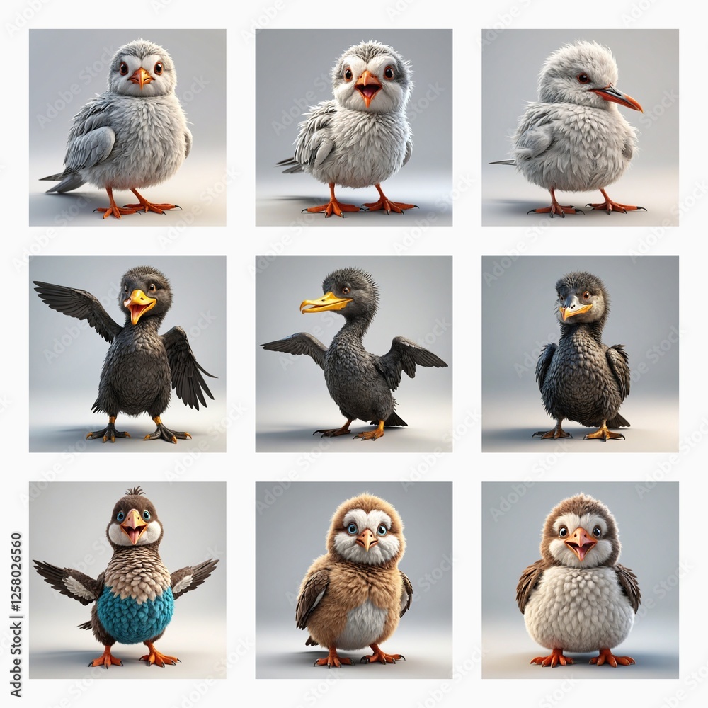 Poster Cute 3d bird models are presented in a grid. These avian characters showcase a variety of poses and colors, all rendered in a charming style.