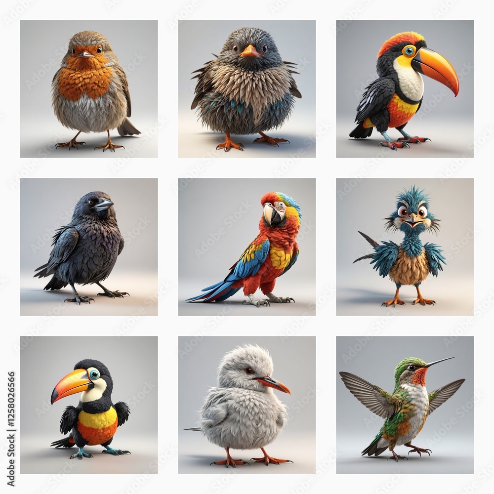 Poster A grid showcases nine cute 3D bird models. Each bird is unique, displaying diverse species in an endearing, cartoon-like style with soft textures and vibrant colors.