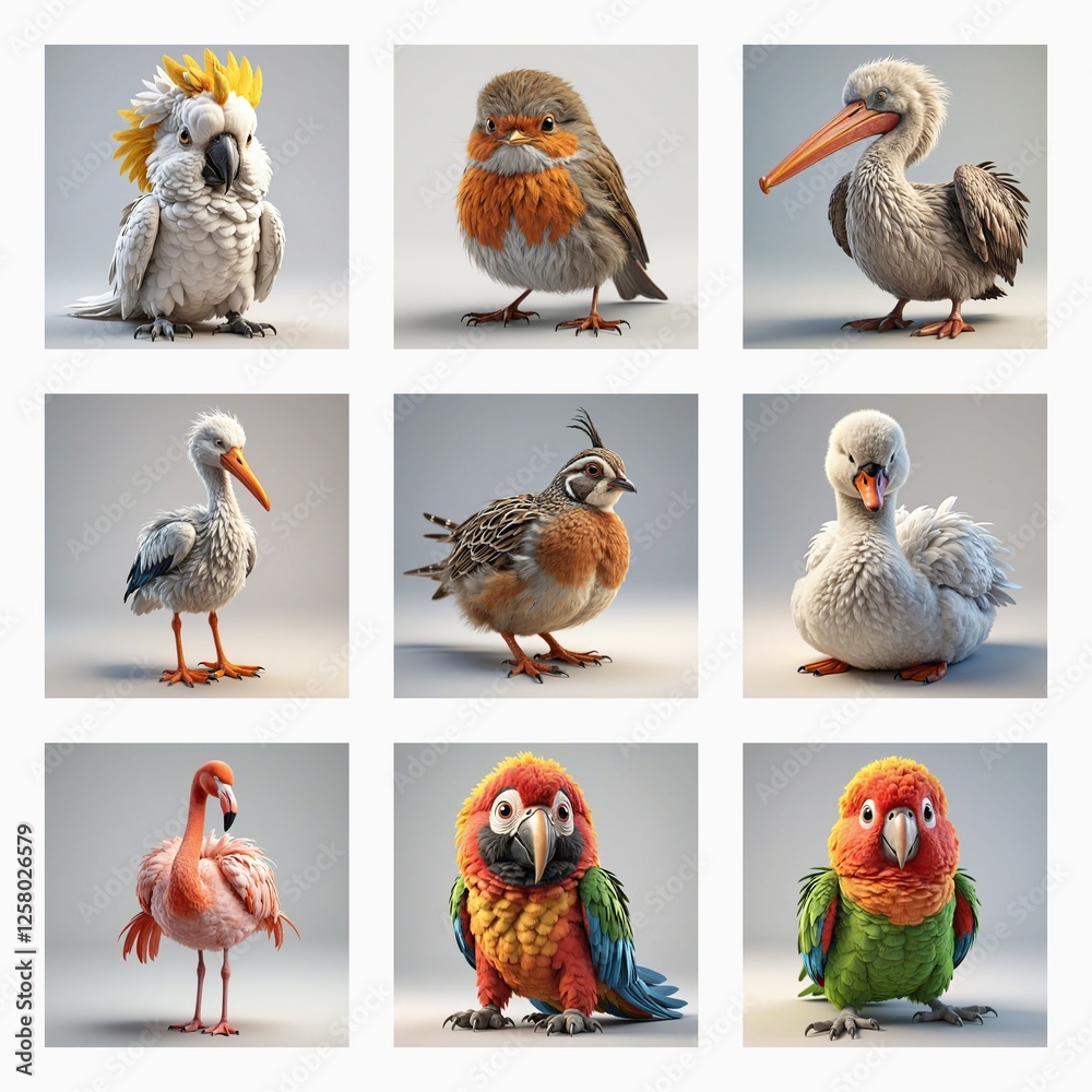 Aufkleber Nine adorable 3d bird models are showcased in a grid format. Each bird is uniquely designed with cute features and vibrant colors against a simple backdrop.