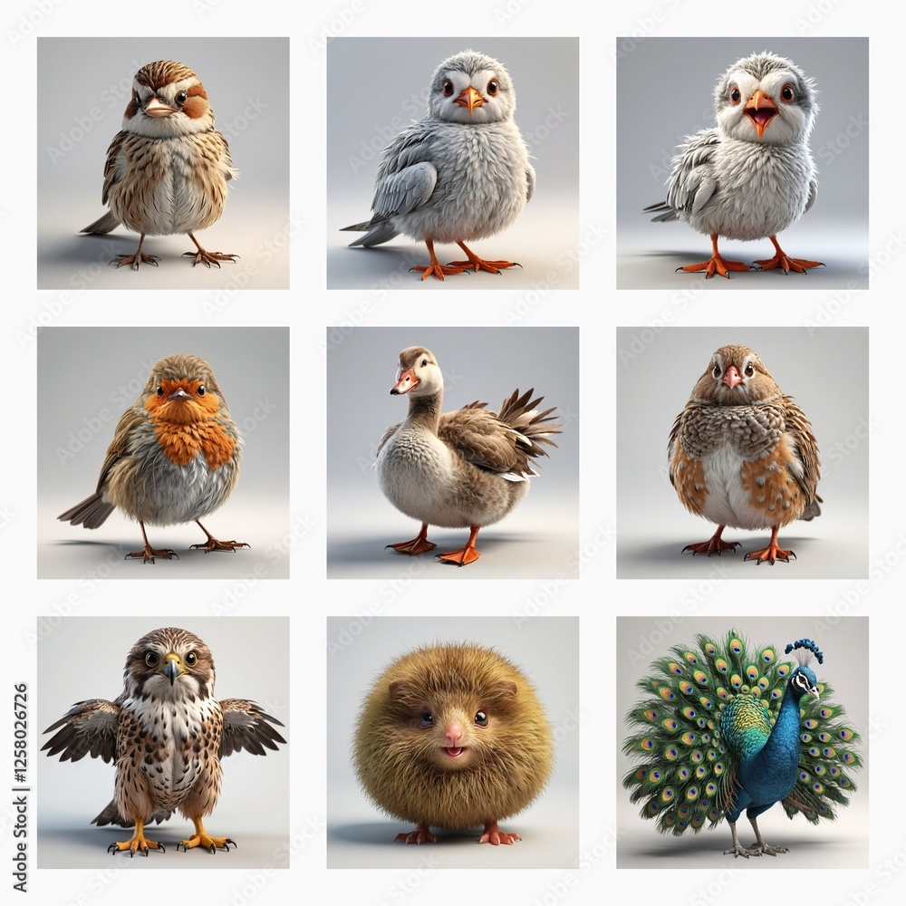Aufkleber Cute 3D bird models in a grid. A charming collection of diverse and adorable avian creatures in various poses.