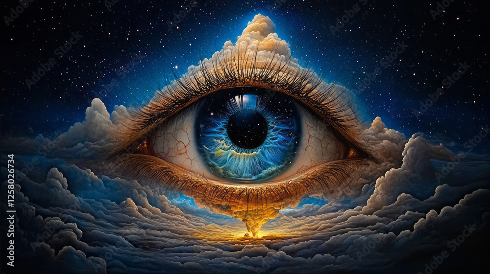 Poster an ethereal, cosmic eye glimmering from within luminous swirls of nebula, all set against the quiet