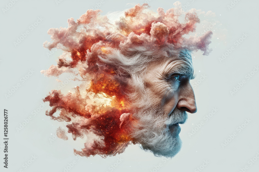 Poster a surreal portrait of a manâ€™s face seamlessly fusing with earthâ€™s continents and oceans, framed