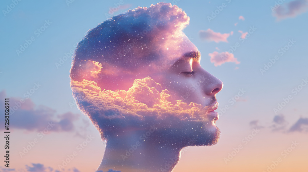 Poster a tranquil scene highlighting a manâ€™s features dissolving into the planetâ€™s curvature, with