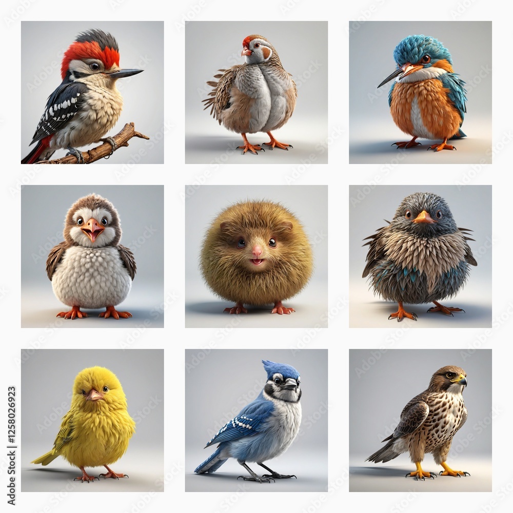 Poster A collection of cute 3D bird models is presented in a nine-image grid. These cartoonish avian figures showcase diverse species with a fluffy and stylized appearance.