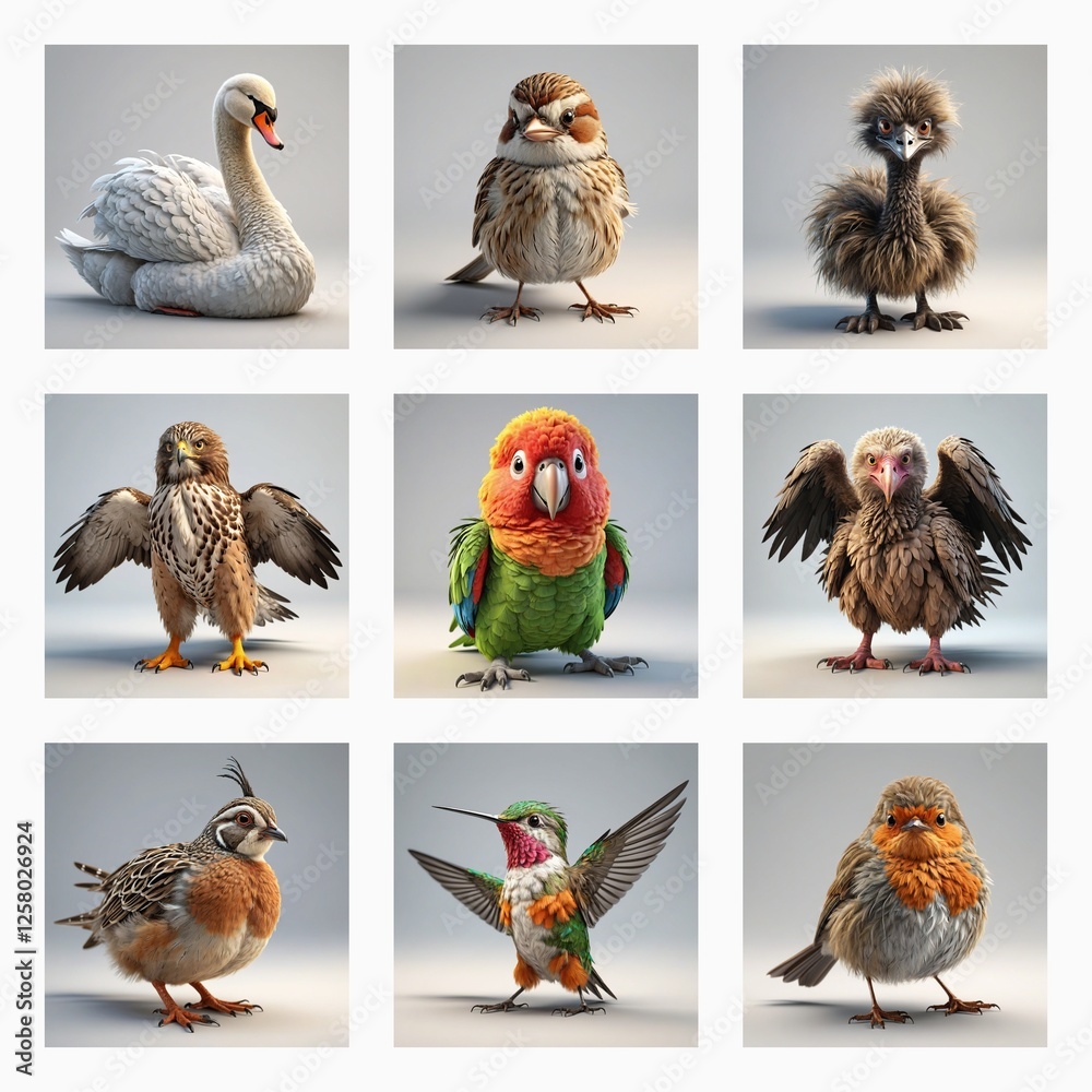 Poster Various cute 3D bird models are showcased in a nine-image grid. Diverse avian species are rendered with soft textures and presented against a plain backdrop.
