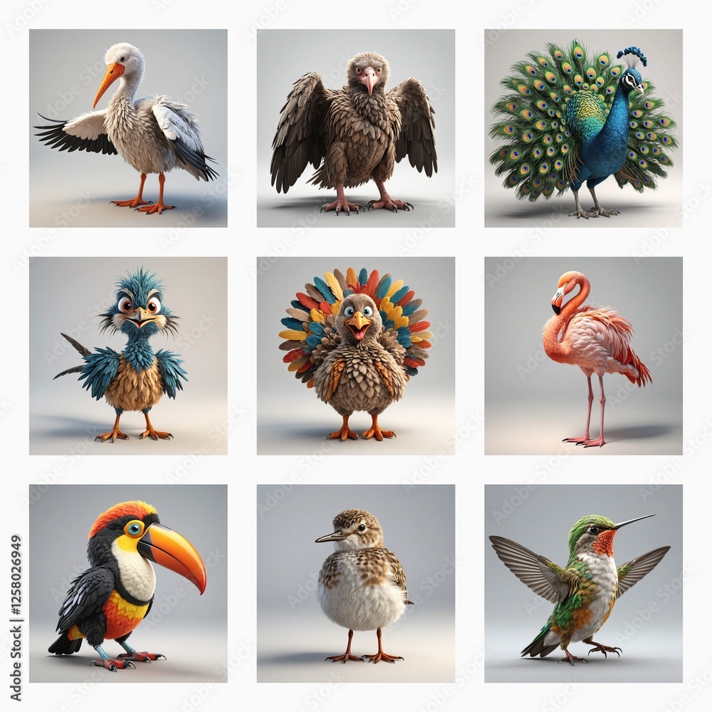 Poster Nine cute 3D bird models are displayed in a grid. Various species are shown in a cartoonish style against a neutral studio background.