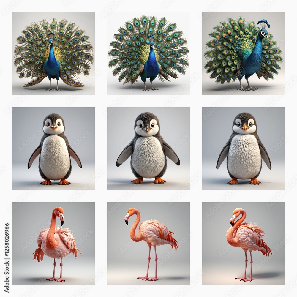 Aufkleber Cute 3d bird models are displayed in a grid. Peacock, penguin, and flamingo are presented in a bright and charming style.
