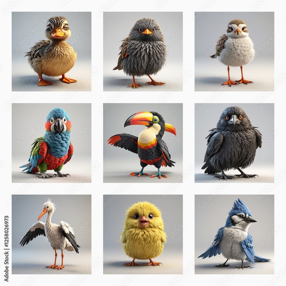 Aufkleber A delightful collection of cute 3D bird models are presented in a grid. Various bird types are showcased in this charming display.