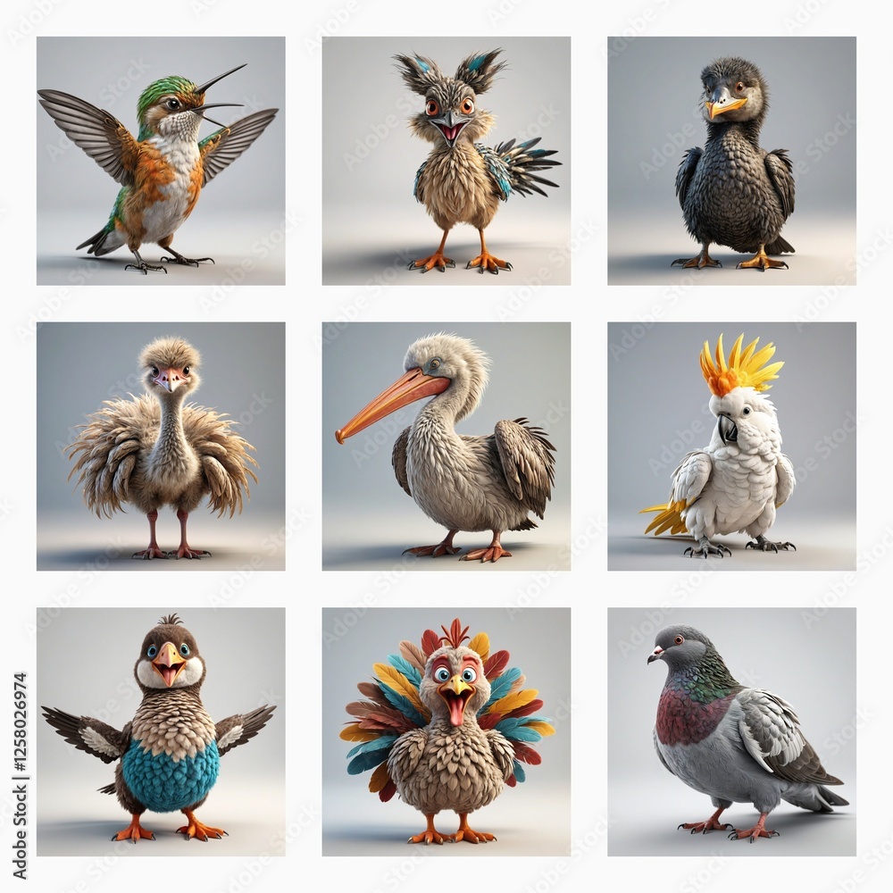 Poster Adorable 3D bird models are showcased. A grid of nine distinct avian creatures with varied plumage, beaks, and wing styles.