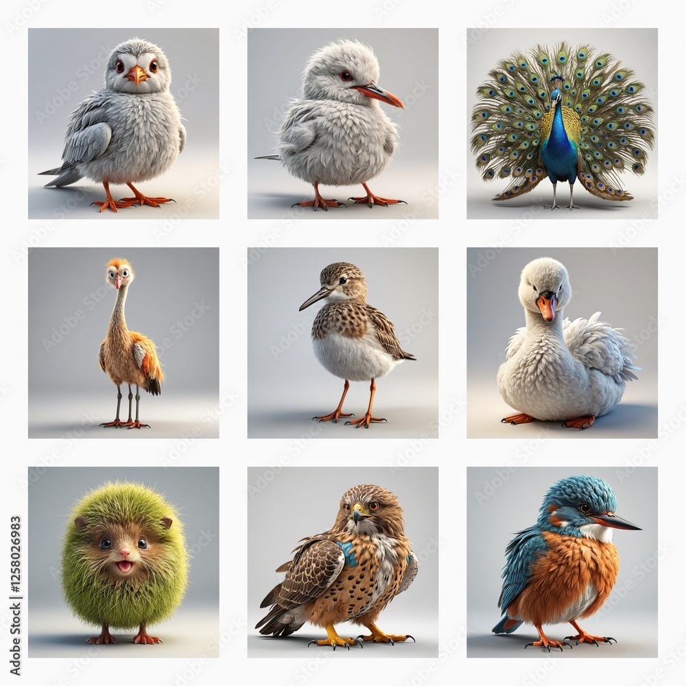 Aufkleber Cute 3D bird models are showcased. Various fluffy avian species are depicted in a soft and adorable style, presented in a grid format.
