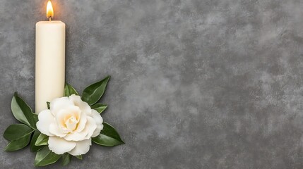 Candle with White Rose on Grey Surface Representing Sympathy Remembrance and Peace Memorial