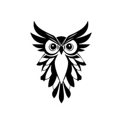 Minimalist stylized black and white owl logo, symmetrical design, abstract artwork with bold lines, stark contrast.