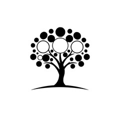 Minimalist monochrome illustration of a tree silhouette with circles.