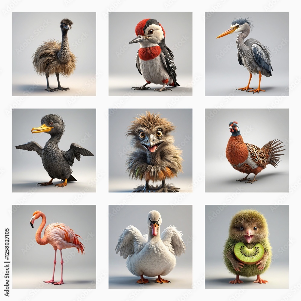 Poster A collection of cute 3d bird models presenting diverse avian species. Each bird is uniquely designed with adorable features.