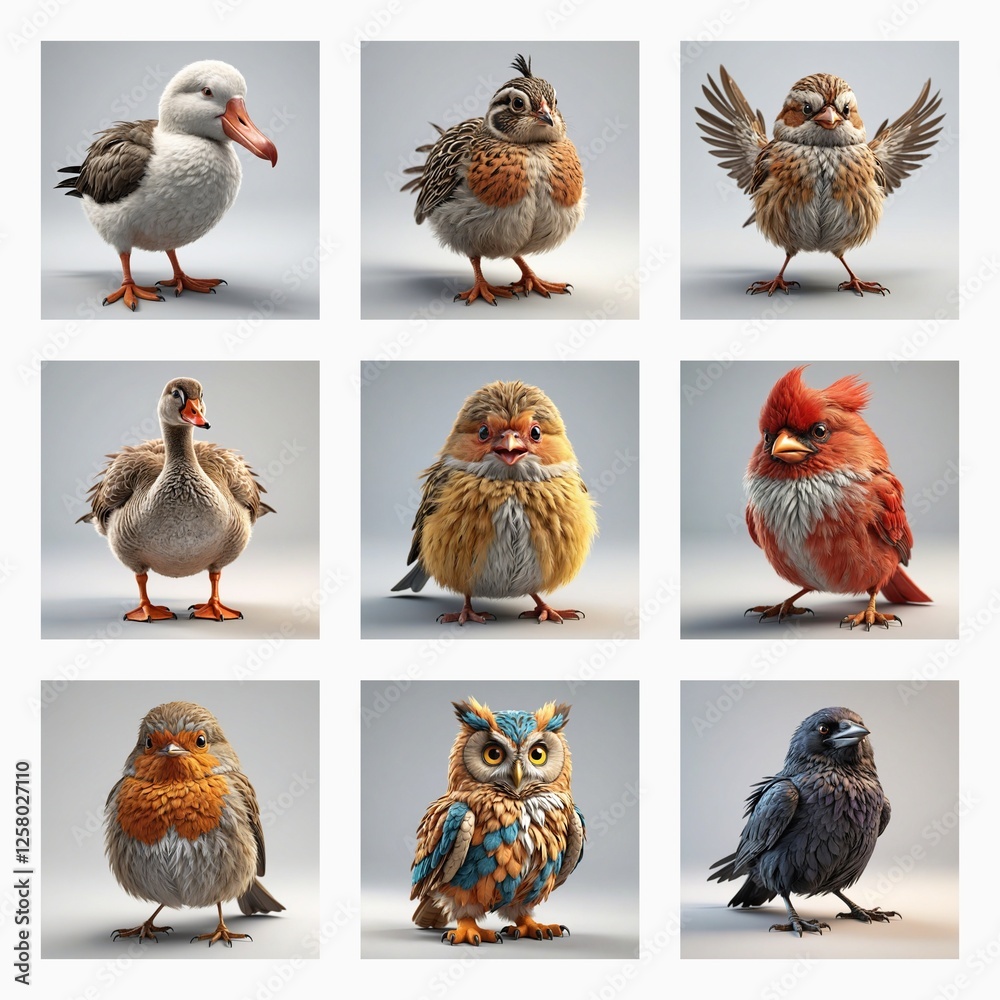 Poster cute 3d bird models are showcased. various avian species are presented in a charming, cartoonish sty