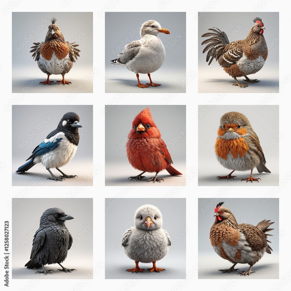 Aufkleber Nine cute 3D bird models are displayed against a plain background. Each bird is unique with different colors and feather patterns. The models are simple and charming.