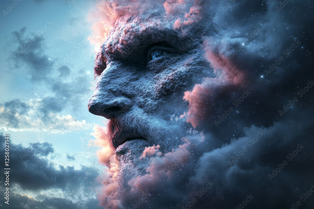 Poster a moody cosmic environment featuring a merging faceâ€“planet composition, ensconced by faint star