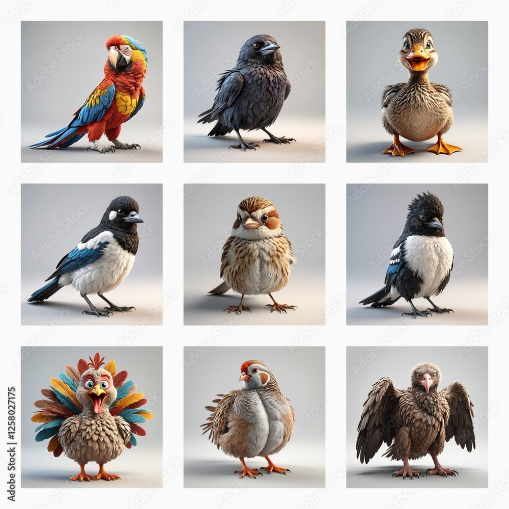 Poster a grid of nine cute 3d bird models showcases diverse avian species in a digital art style. each bird