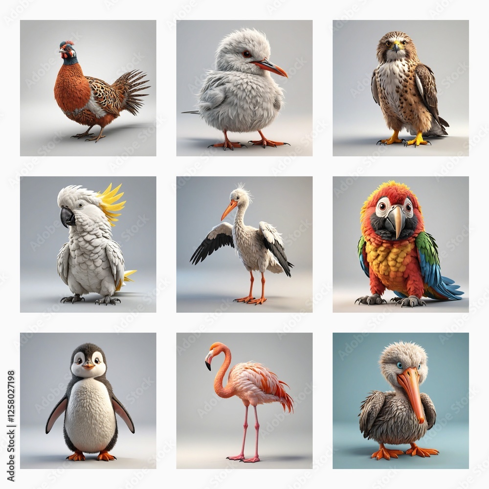 Poster A collection of nine cute 3D bird models are displayed in a grid. Each bird is unique in species and color, rendered in a simple, clean studio style.