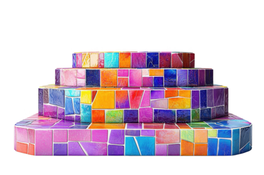 Colorful mosaic pattern displayed on layered platforms, white isolate background.