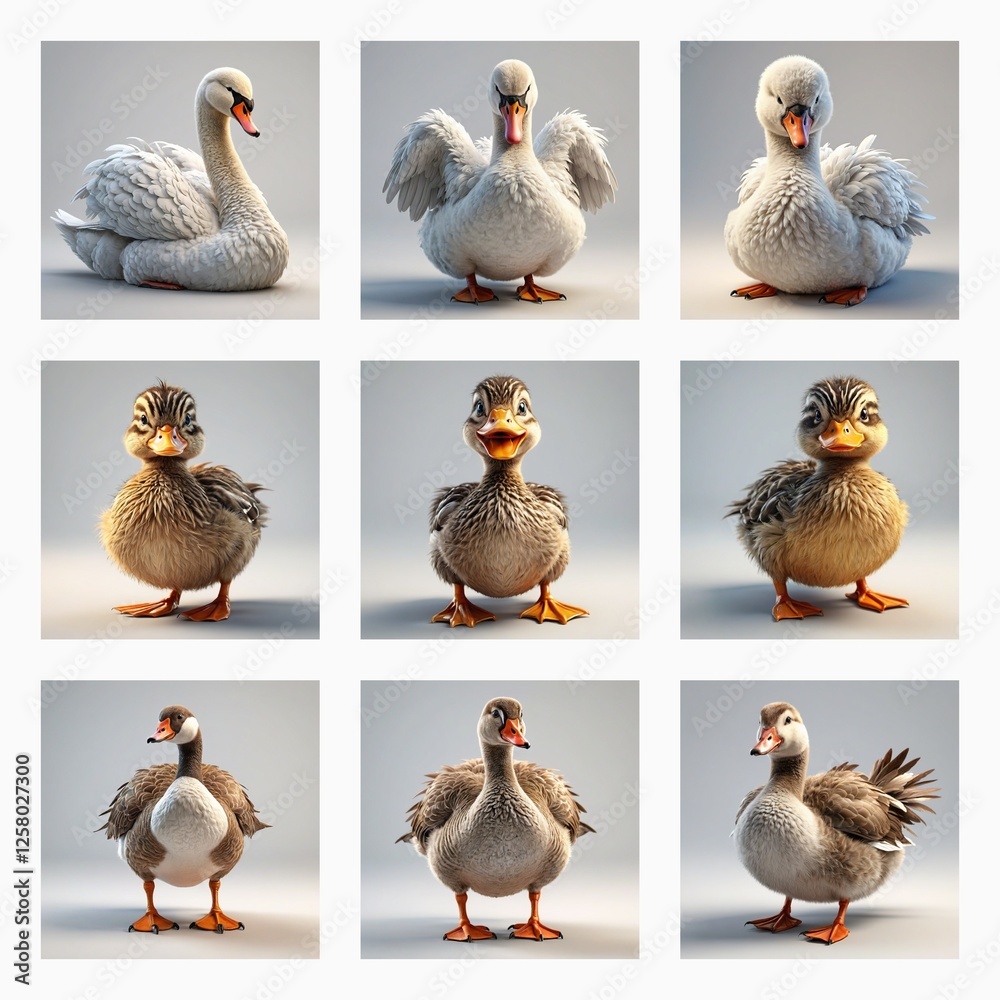 Poster cute 3d bird models present different types of waterfowl. a rendered image showcases a variety of bi