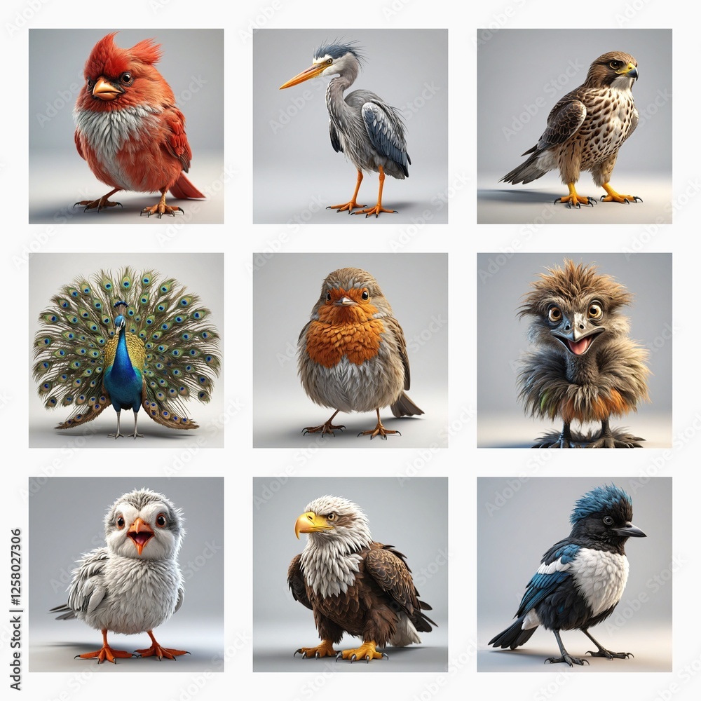 Poster Cute 3D models of various birds are displayed in a grid.  Each bird is uniquely designed and detailed with a cute style.