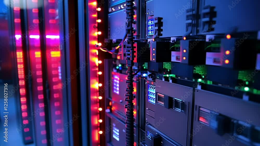 Poster close up of server racks with blinking led lights highlighting the intricate technology and infrastr