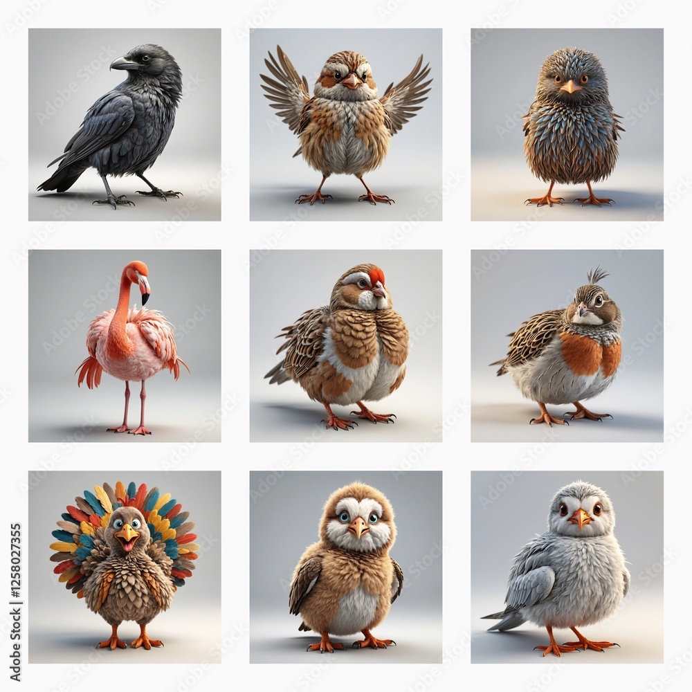 Poster charming collection of nine cute 3d bird models. each avian figure is uniquely designed and presente