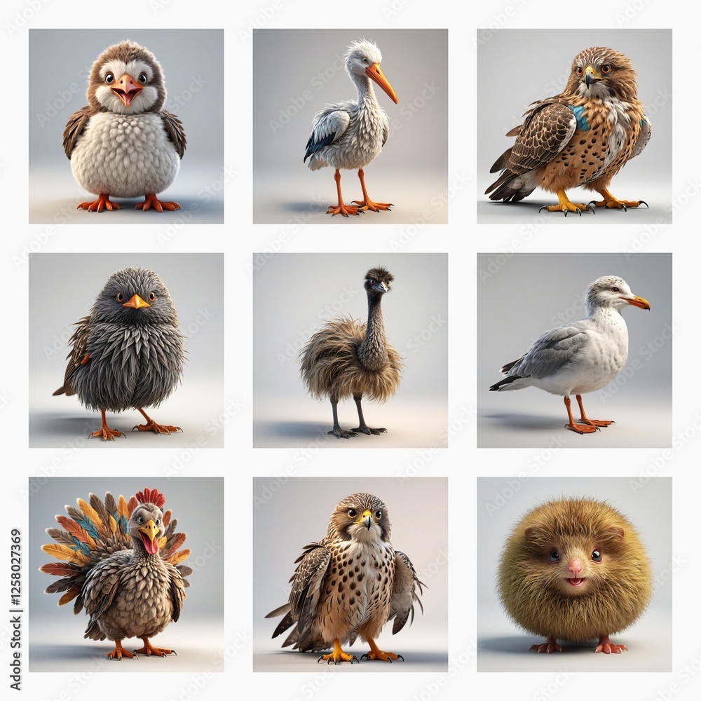 Poster A grid displays nine cute 3D bird models, each with unique plumage and poses against a neutral backdrop.  These diverse avian figures showcase a variety of bird types in a digital rendering.
