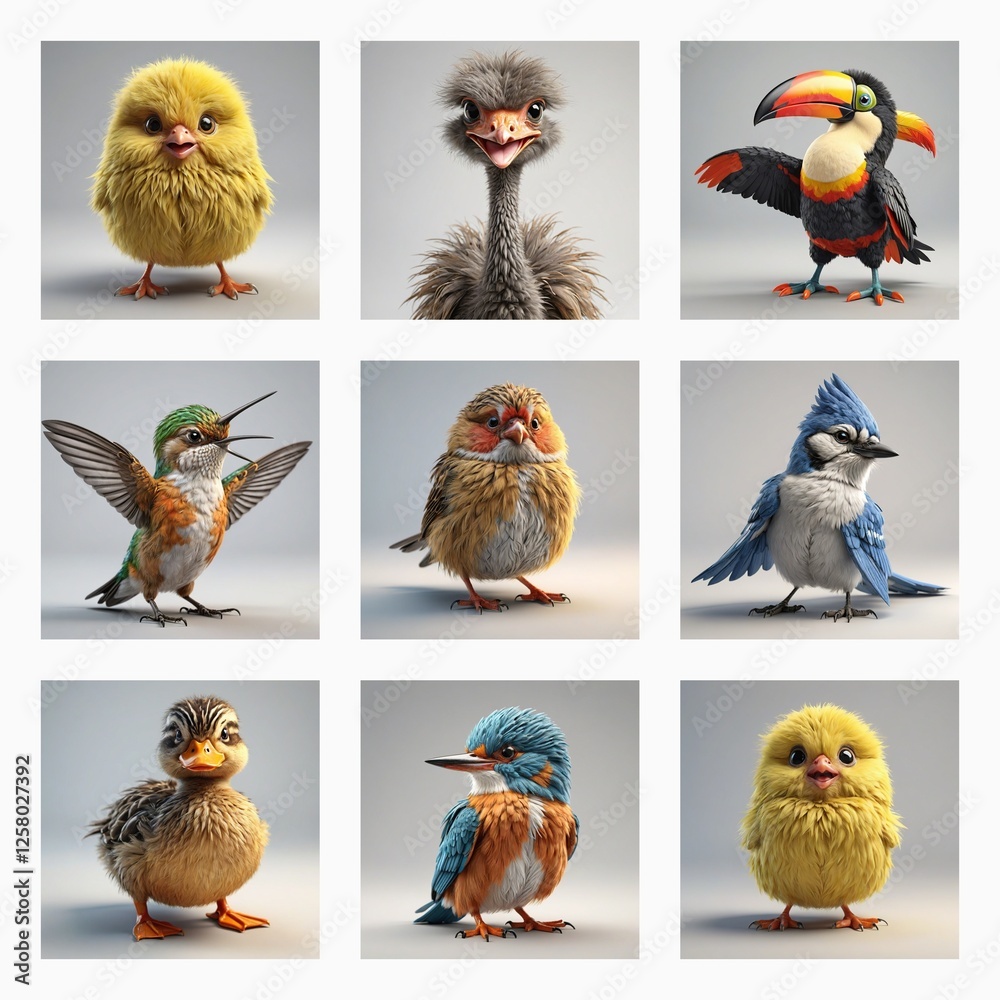 Aufkleber Charming collection of nine cute 3D bird models. Each bird is uniquely designed with bright colors and soft textures, showcasing diverse avian species in a delightful style.