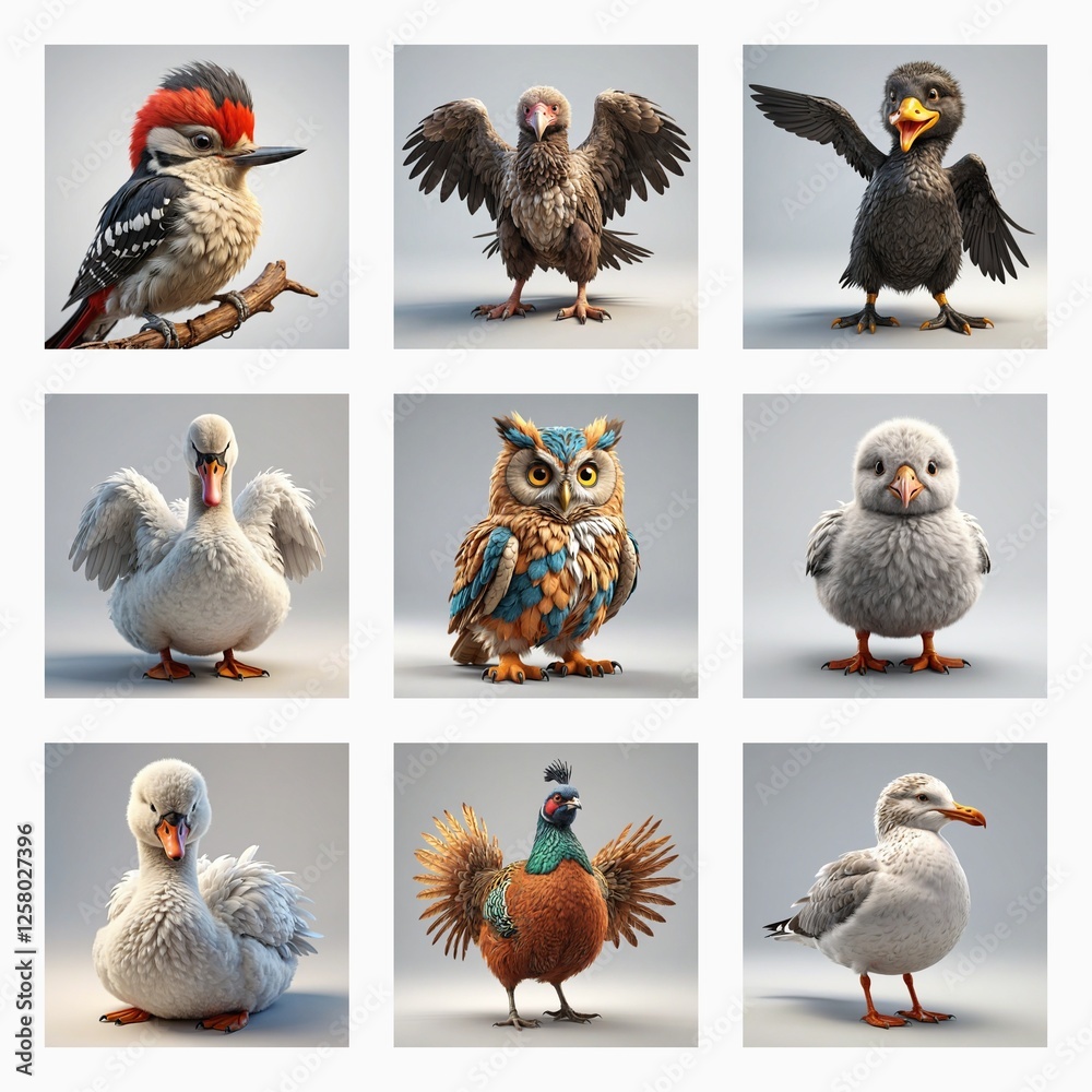 Poster A cute 3D bird model collection showcases diverse avian species in a grid. Each charming bird displays fluffy feathers and unique poses.