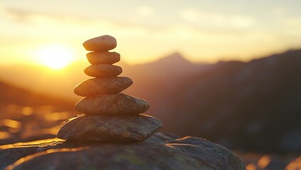 Obraz premium Find Inner Peace: Stacking Stones at Sunset for Serenity and Balance, Achieving Zen in Nature's Embrace.
