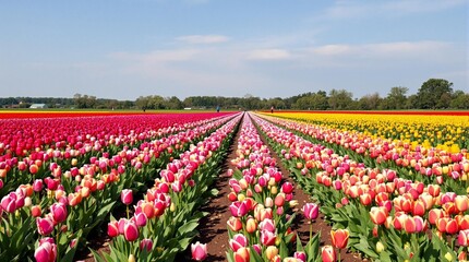 Fototapeta premium Vibrant tulip fields in various colors under a clear blue sky during spring