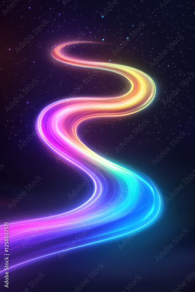 Poster a glowing neon-style rainbow trail winding through space, halos of bokeh gently illuminating its
