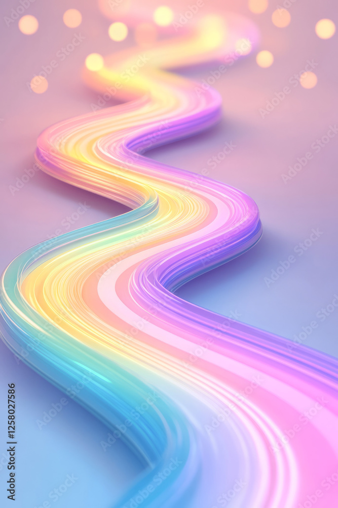 Poster a glowing neon-style rainbow trail winding through space, halos of bokeh gently illuminating its