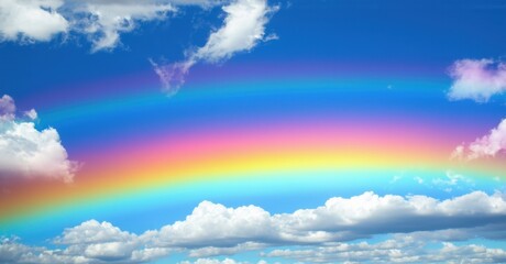 Obraz premium Brilliant rainbow arcs across blue sky, framed by fluffy white clouds. Vivid spectrum of colors contrasts with deep atmosphere, evoking serenity, hope, and wonder