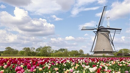 Colorful tulip fields with a traditional windmill under a bright sky in spring