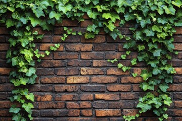Lush green ivy cascading over a rustic brick wall in a serene outdoor setting