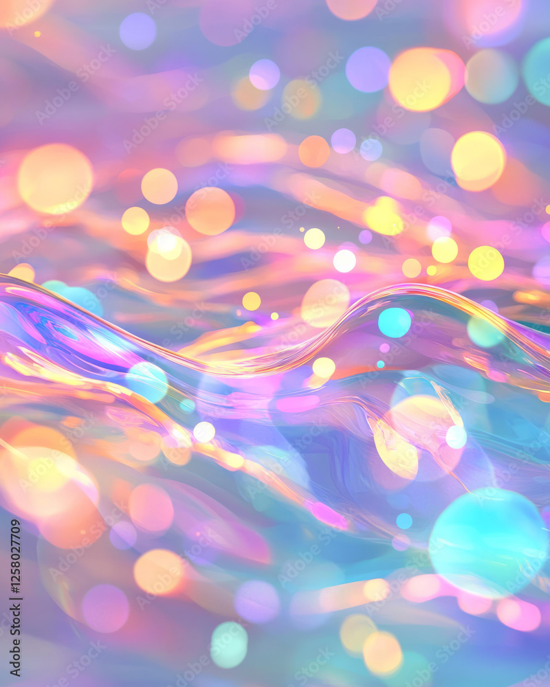 Poster a prismatic river of color drifting into shadow, softly lit by pastel bokeh sparkles for a dreamy,