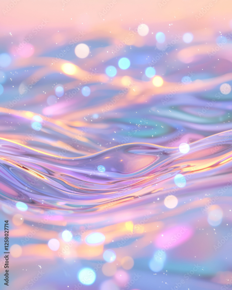 Poster a prismatic river of color drifting into shadow, softly lit by pastel bokeh sparkles for a dreamy,