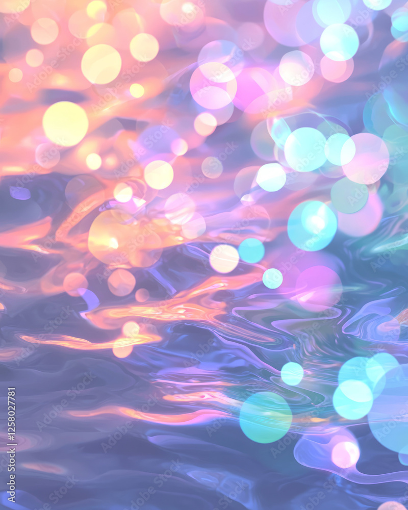 Poster a prismatic river of color drifting into shadow, softly lit by pastel bokeh sparkles for a dreamy,